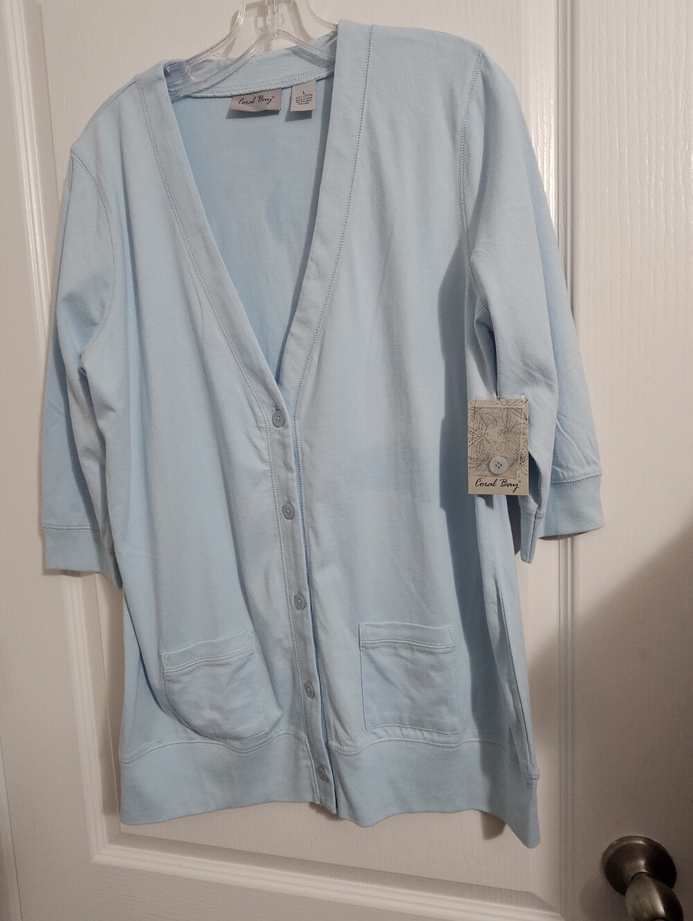 Coral Bay V-neck button-down cardigan sweater in light baby blue. Large. NWT